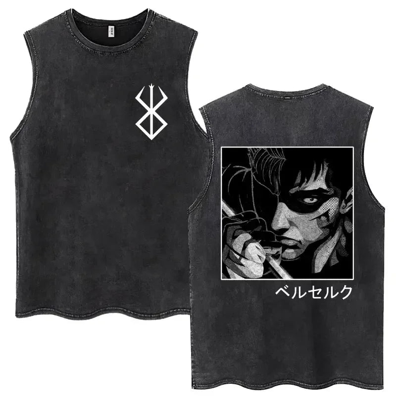 Anime Berserk Guts Washed Harajuku Tank Tops Retro Manga Gatsu Griffith Zodd Sleeveless T Shirts Unisex Cotton Oversized T-Shirt - STAND OUT FLEXSARAH