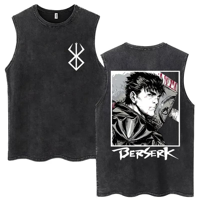 Anime Berserk Guts Washed Harajuku Tank Tops Retro Manga Gatsu Griffith Zodd Sleeveless T Shirts Unisex Cotton Oversized T-Shirt - STAND OUT FLEXSARAH