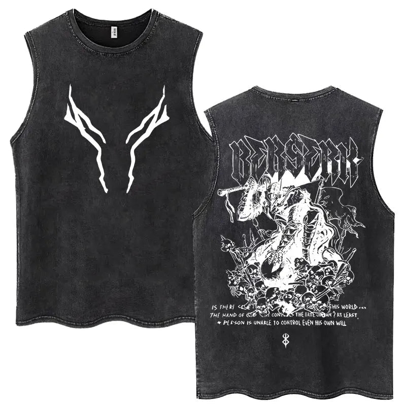 Anime Berserk Guts Washed Harajuku Tank Tops Retro Manga Gatsu Griffith Zodd Sleeveless T Shirts Unisex Cotton Oversized T-Shirt - STAND OUT FLEXSARAH