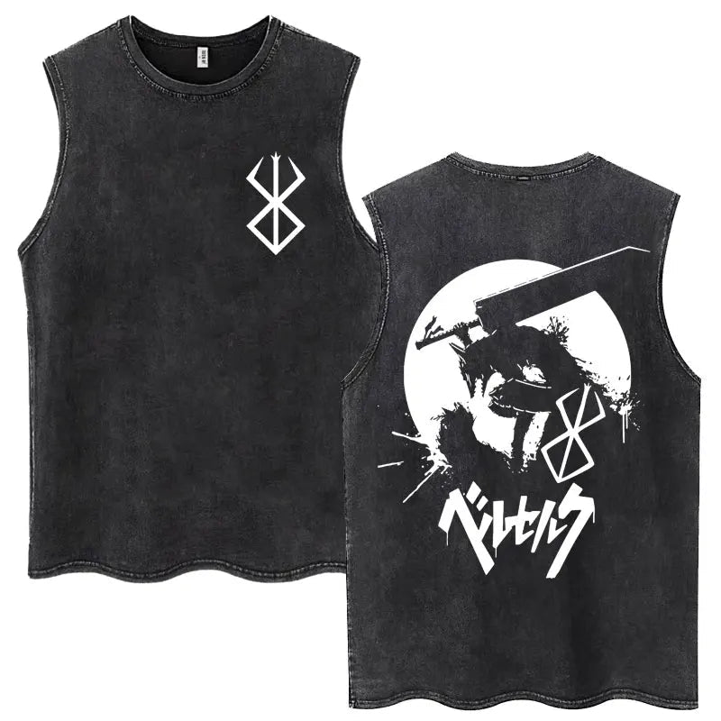 Anime Berserk Guts Washed Harajuku Tank Tops Retro Manga Gatsu Griffith Zodd Sleeveless T Shirts Unisex Cotton Oversized T-Shirt - STAND OUT FLEXSARAH