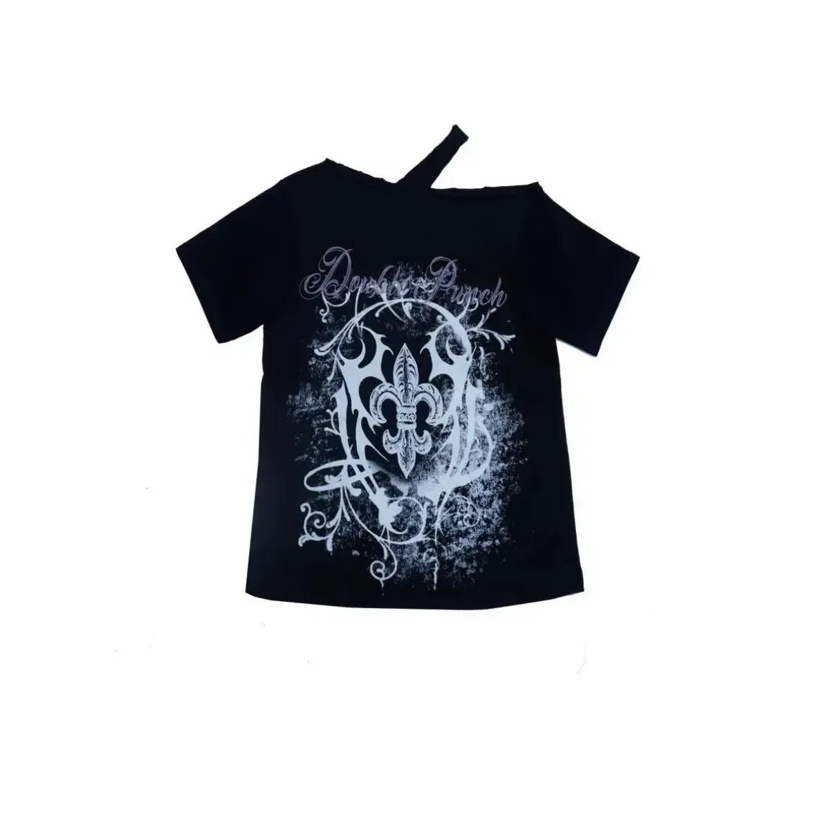 Black Gothic Print T-Shirt – Off-Shoulder Y2K Grunge Tee - STAND OUT FLEXSARAH