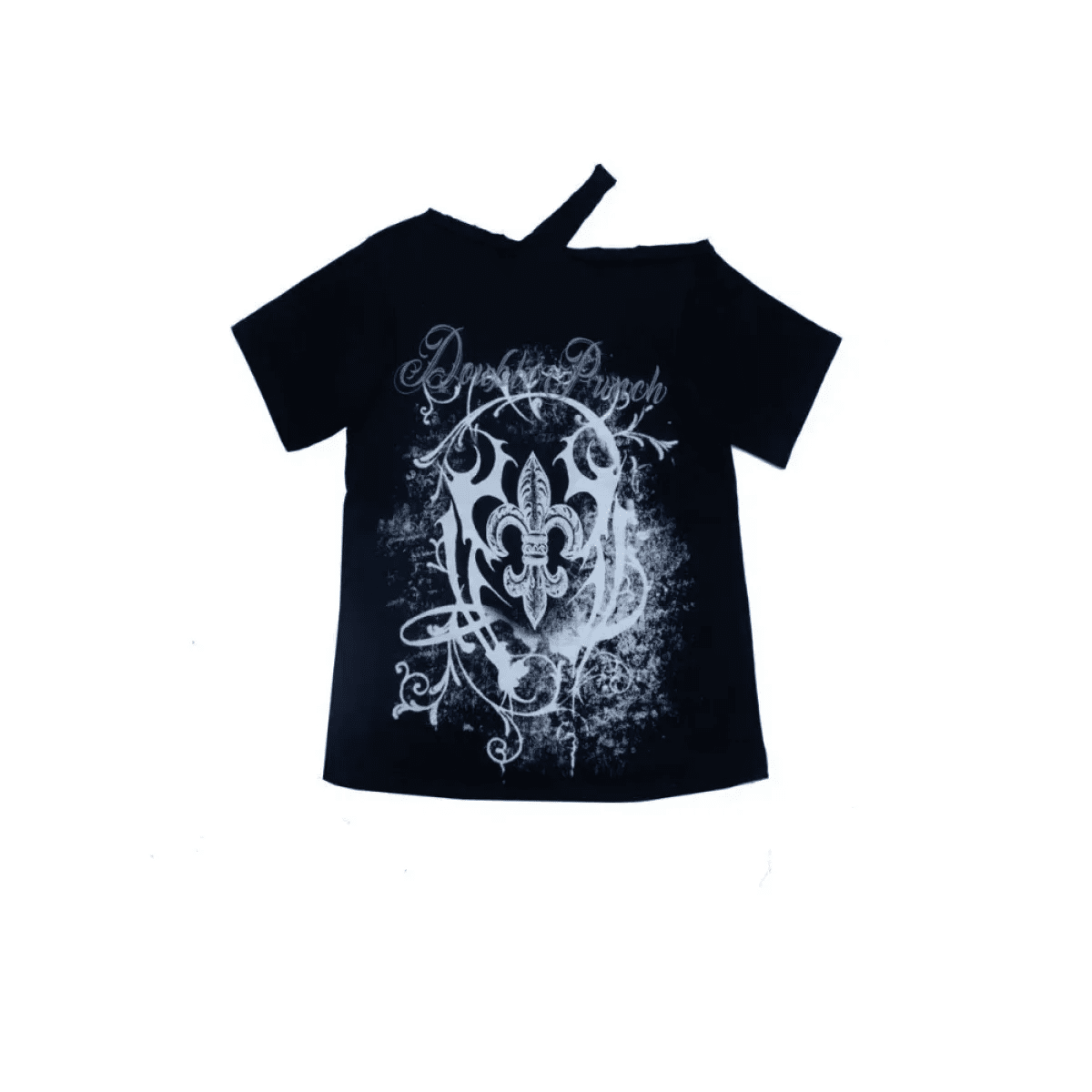 Black Gothic Print T-Shirt – Off-Shoulder Y2K Grunge Tee - STAND OUT FLEXSARAH