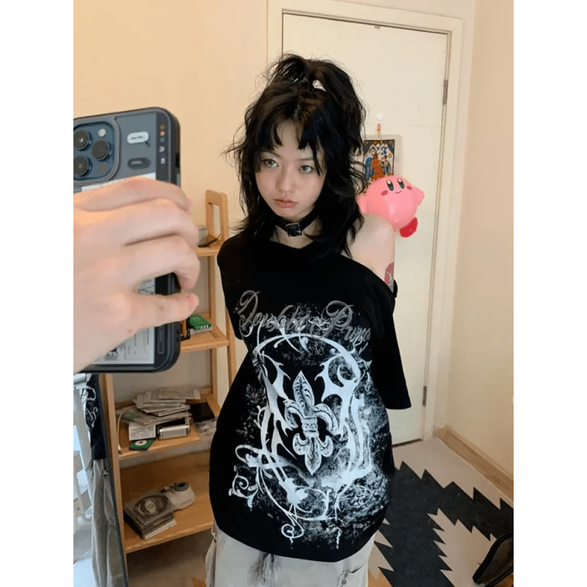 Black Gothic Print T-Shirt – Off-Shoulder Y2K Grunge Tee - STAND OUT FLEXSARAH