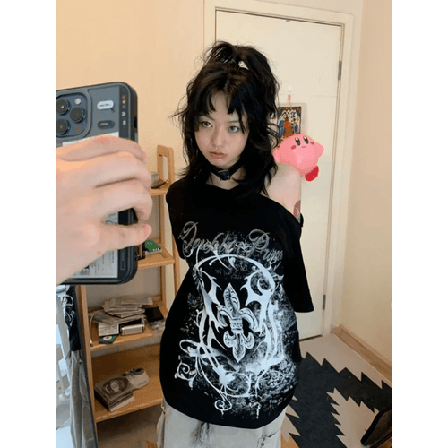 Black Gothic Print T-Shirt – Off-Shoulder Y2K Grunge Tee - STAND OUT FLEXSARAH
