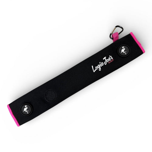 Black/Pink Magnetic Golf Cart Strap Sleeve | Neoprene Rubber | Dual Accessory Magnets | Glove Holder | Carabiner Bag Attachment | 18.5 x 3.5 in - STAND OUT FLEXSARAH