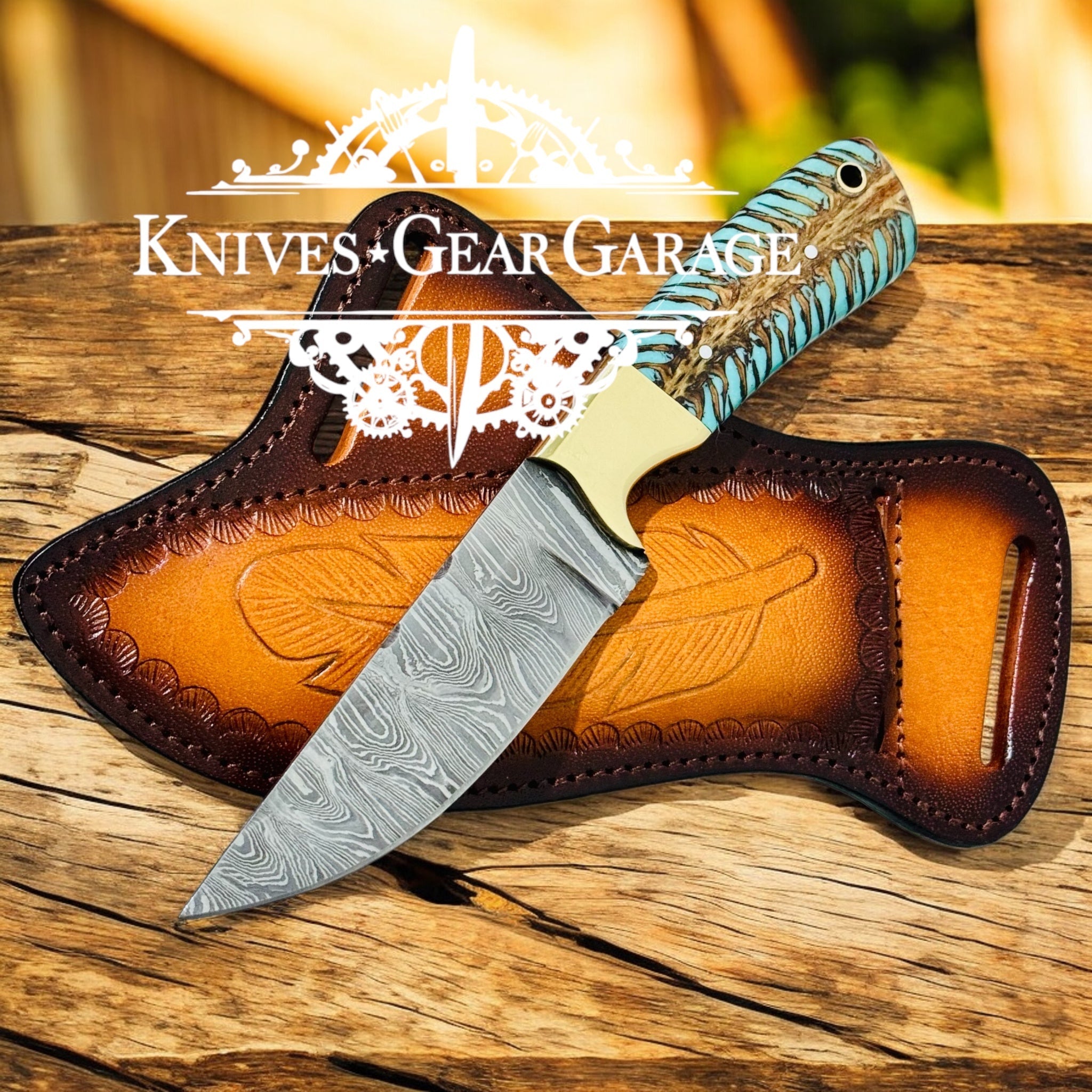 Country Rodeo Damascus Knife – Turquoise Pine Cone Handle & Leather Sheath - STAND OUT FLEXSARAH
