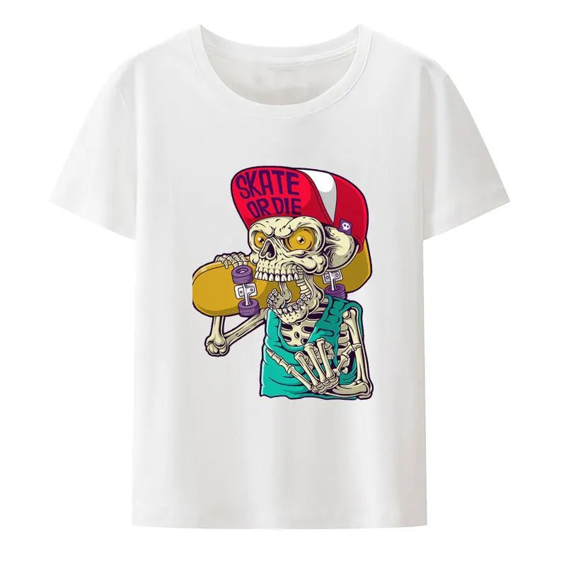 Funny Skull Skateboard Print T Shirt Gothic Aesthetics Humor Character Nostalgia New Style Comics Loose Short Sleeve Streetwear - STAND OUT FLEXSARAH