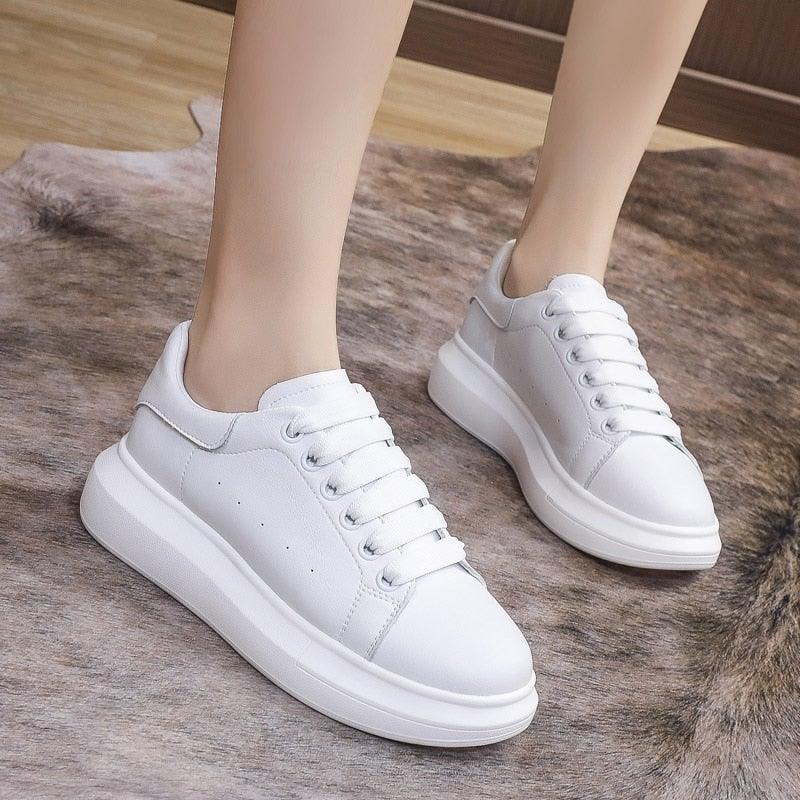 Genuine Leather Women Platform Sneakers Autumn Fashion Sports Little White Shoes Platform Flats Casual Lace Up Woman Comfort Walking Sneakers - STAND OUT FLEXSARAH
