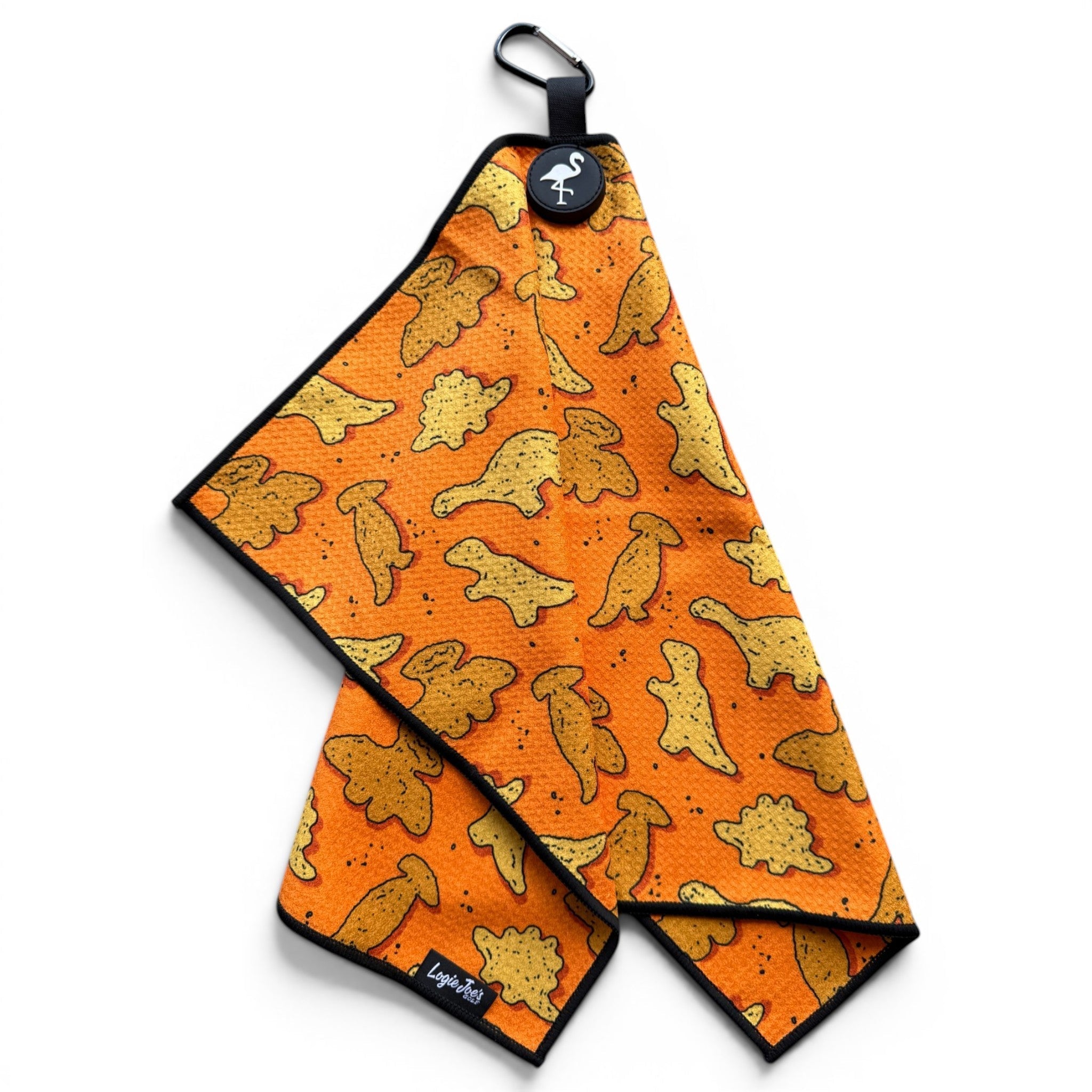 Orange Dino Chicken Nugget Golf Towel | 24” x 16” Microfiber Towel | Magnetic Clip & Carabiner | Premium Golf Accessory - STAND OUT FLEXSARAH