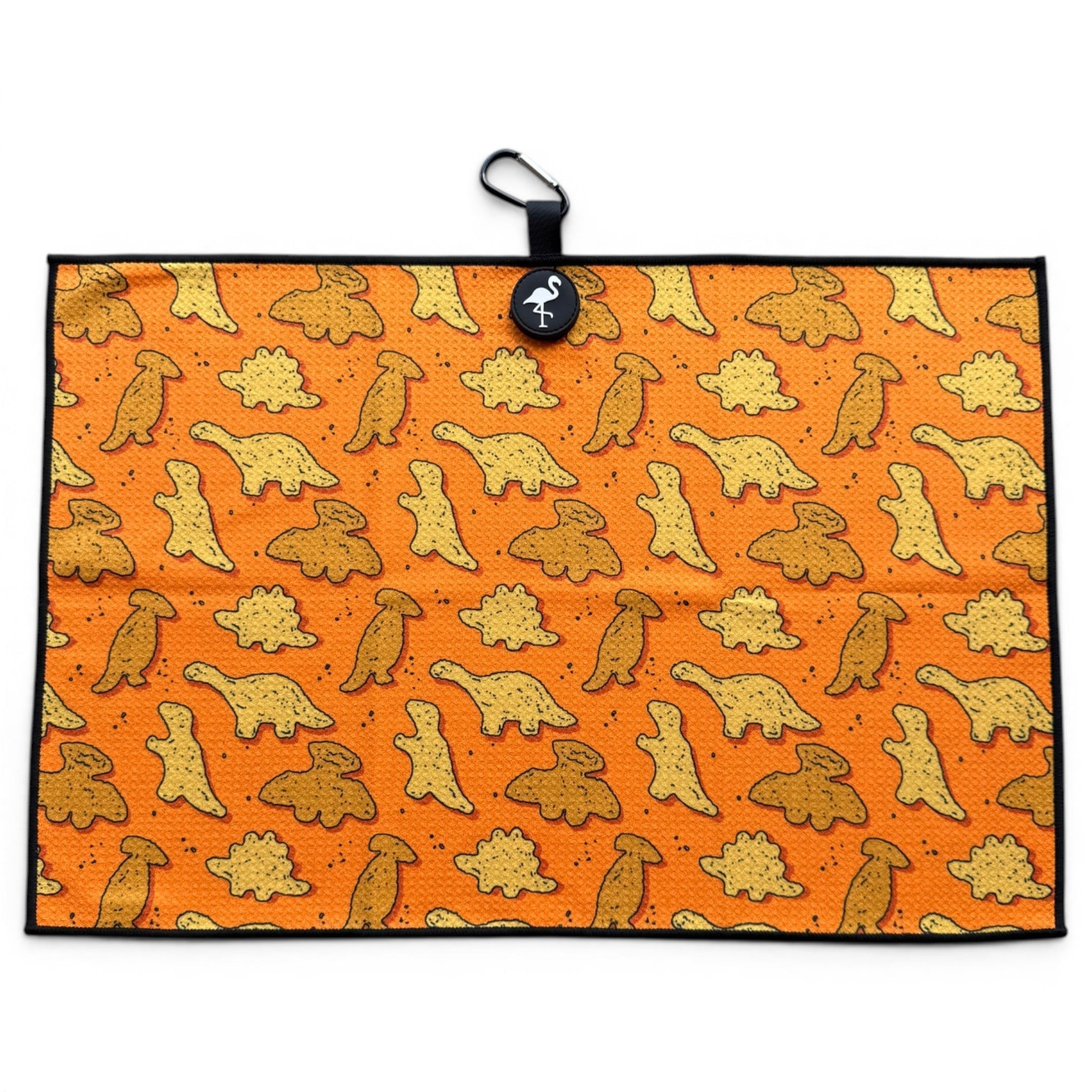 Orange Dino Chicken Nugget Golf Towel | 24” x 16” Microfiber Towel | Magnetic Clip & Carabiner | Premium Golf Accessory - STAND OUT FLEXSARAH