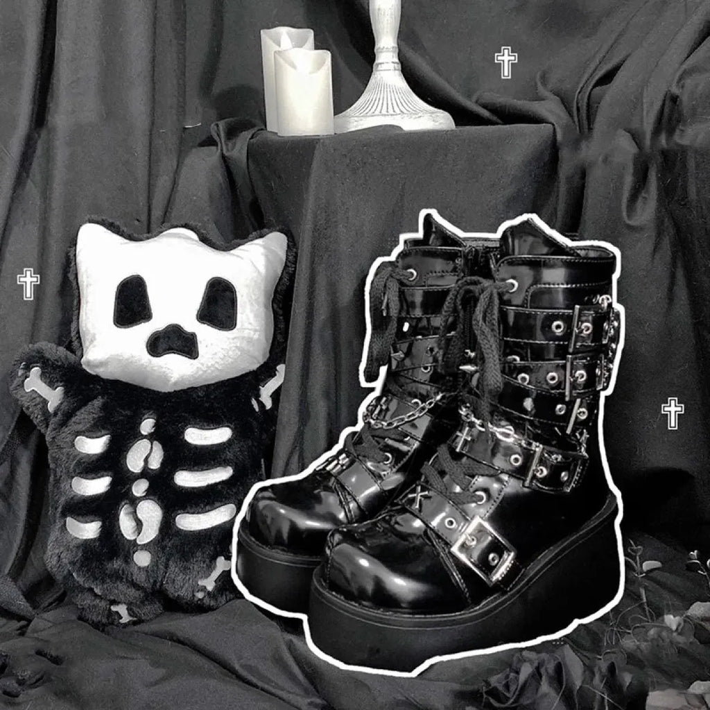 Metal Chain Patent Leather Ankle Boots - Chunky Platform Gothic Boots
