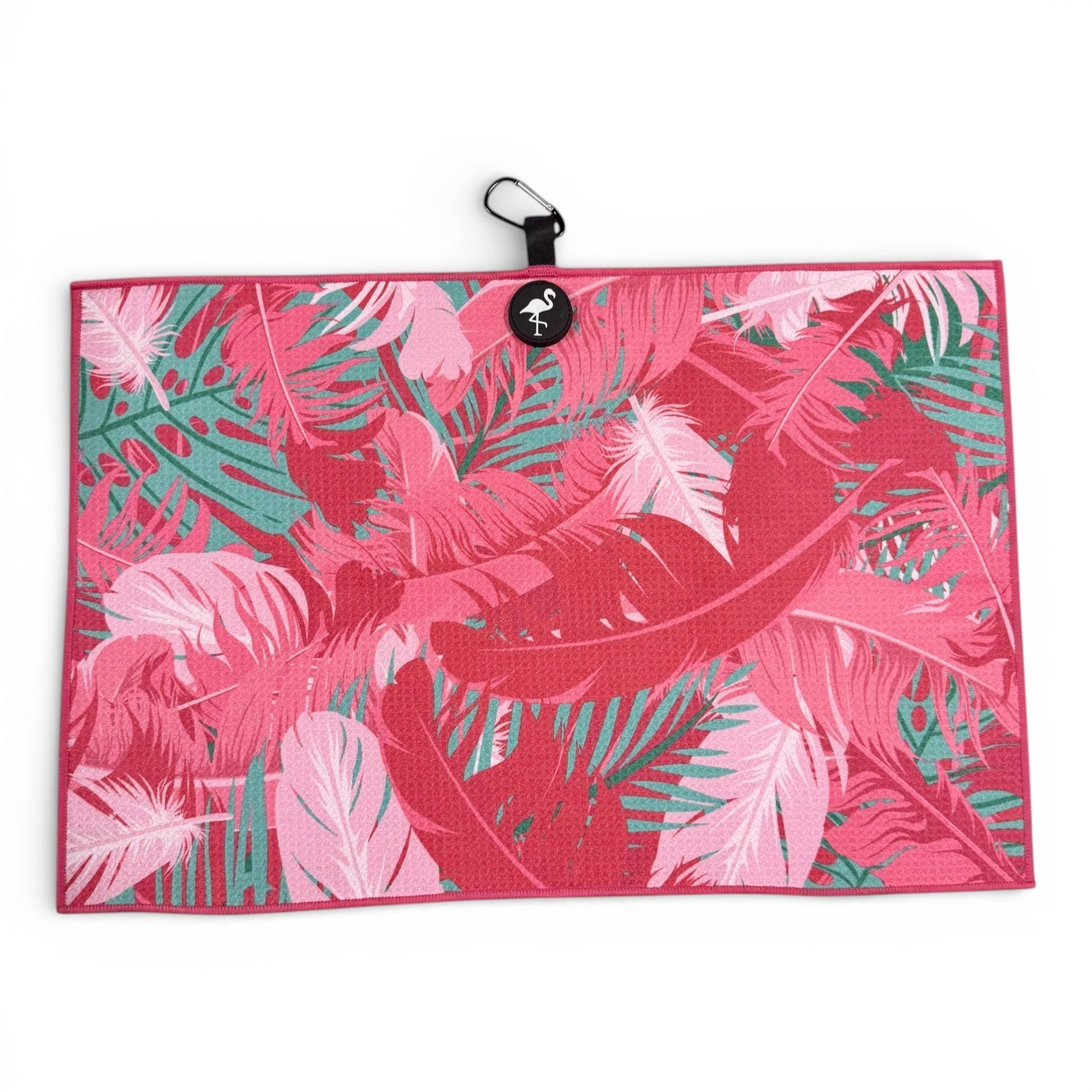Pink Tropical Golf Towel | Premium Double-Sided Microfiber | Heavy-Duty Magnetic Towel with Carabiner Clip | 24 x 16 in - STAND OUT FLEXSARAH