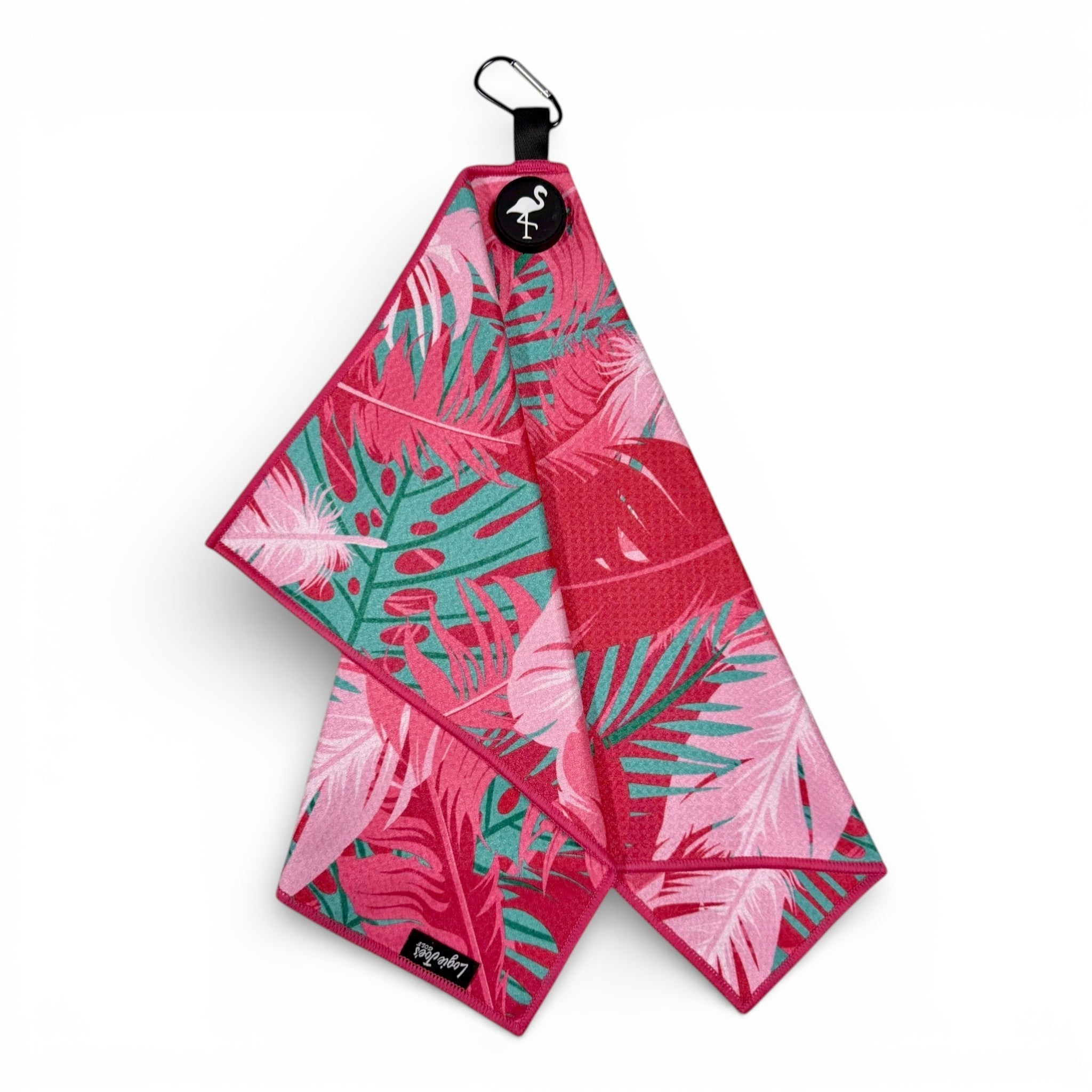 Pink Tropical Golf Towel | Premium Double-Sided Microfiber | Heavy-Duty Magnetic Towel with Carabiner Clip | 24 x 16 in - STAND OUT FLEXSARAH