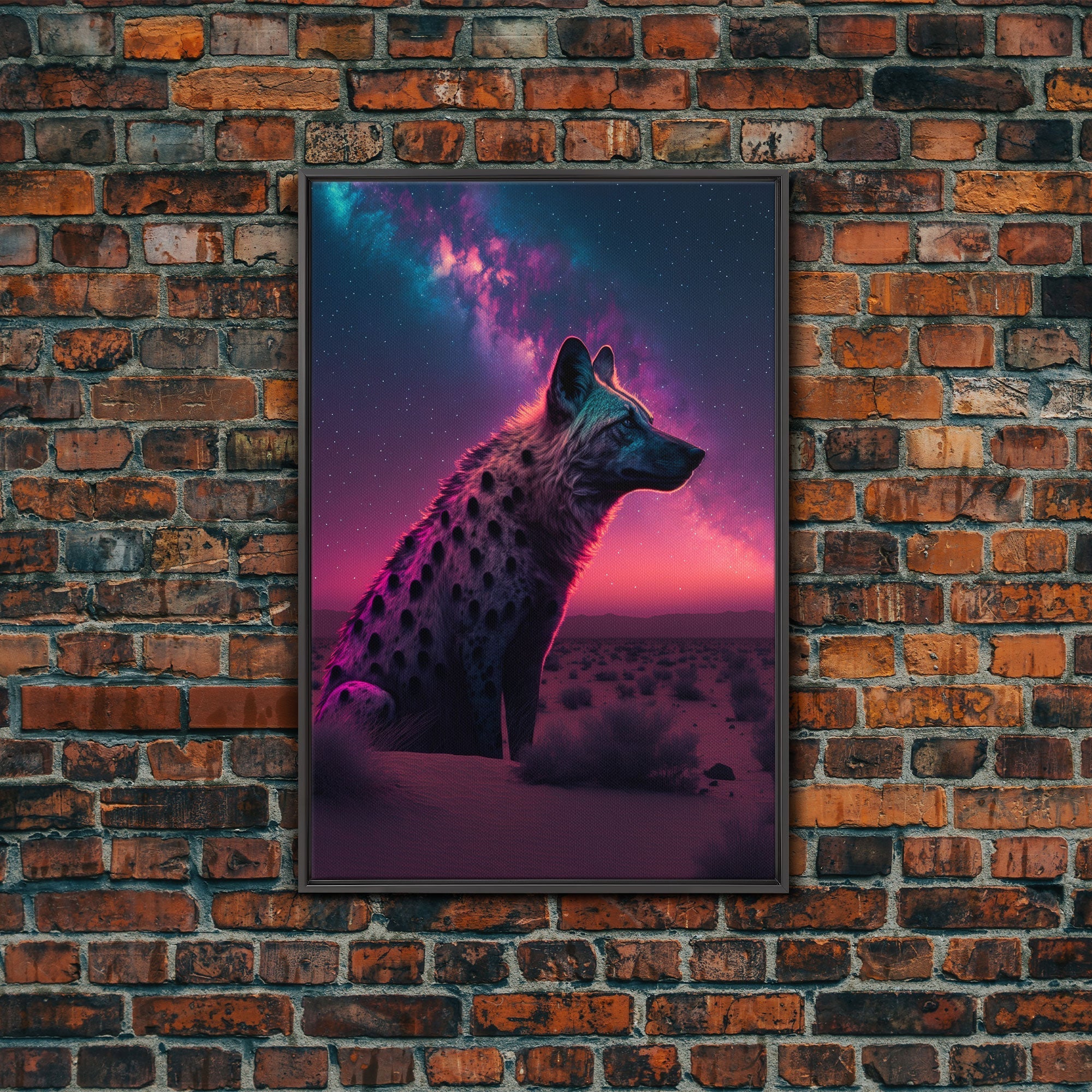 Portrait of a Neon Hyena, Laughing Hyenas, Framed Canvas Print, Unique Wall Art, Kid Room Art, Synthwave Retro Style Decor - STAND OUT FLEXSARAH