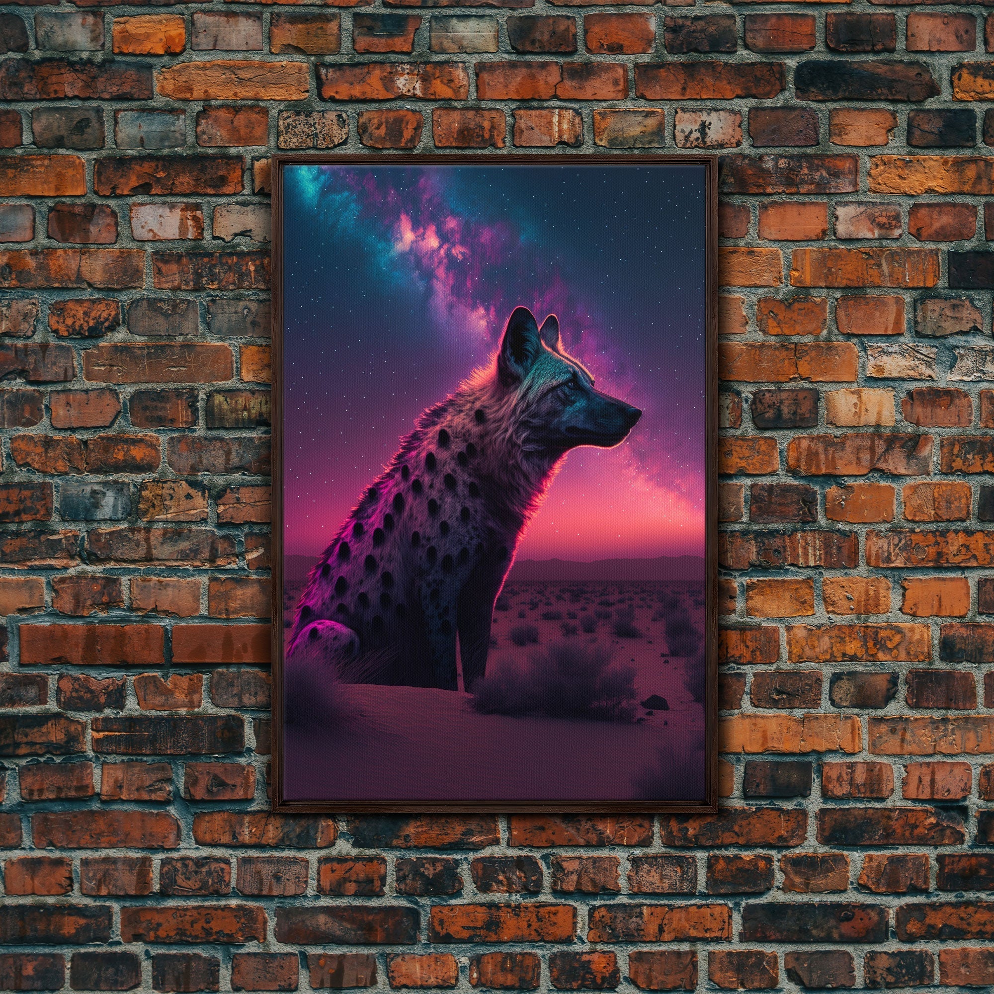 Portrait of a Neon Hyena, Laughing Hyenas, Framed Canvas Print, Unique Wall Art, Kid Room Art, Synthwave Retro Style Decor - STAND OUT FLEXSARAH