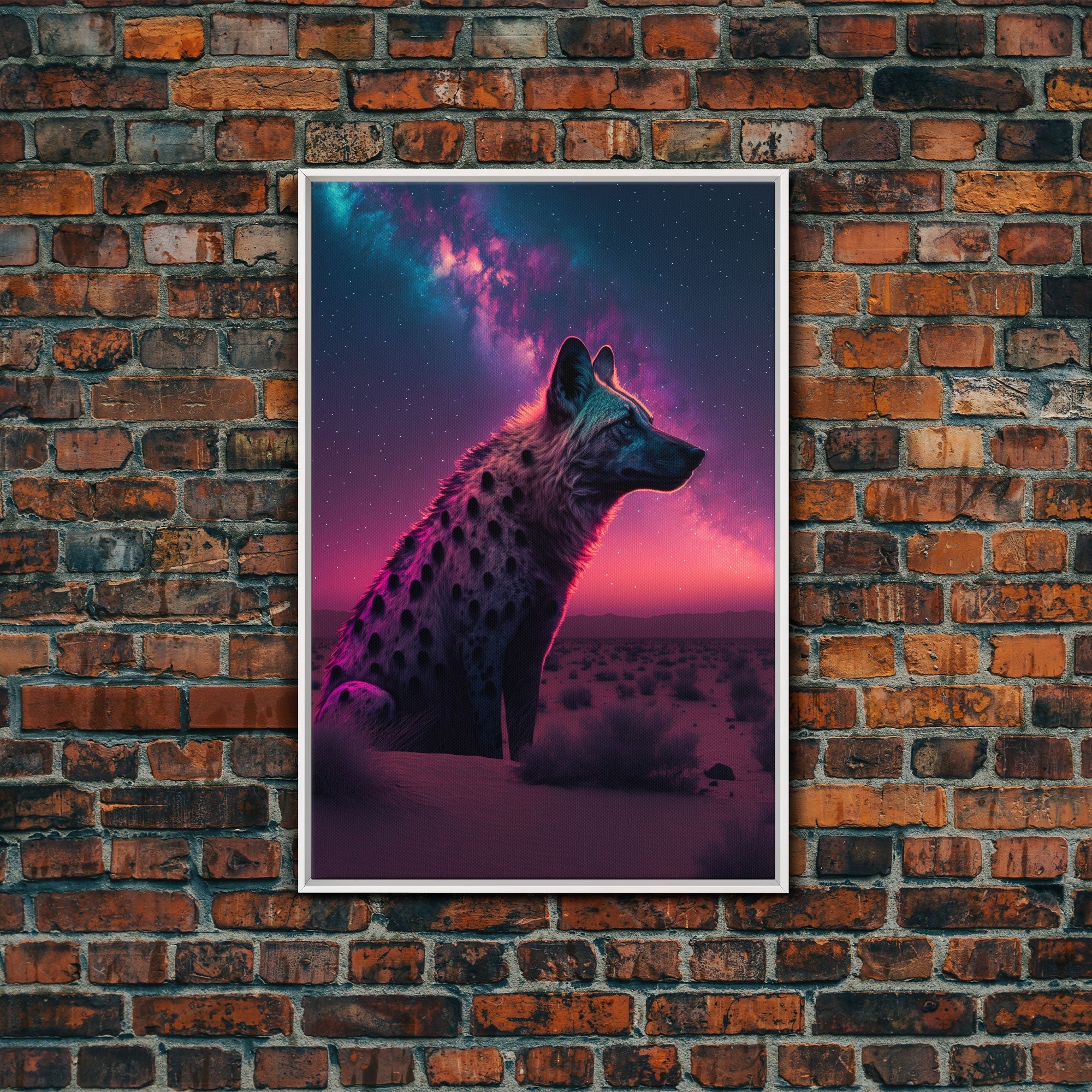 Portrait of a Neon Hyena, Laughing Hyenas, Framed Canvas Print, Unique Wall Art, Kid Room Art, Synthwave Retro Style Decor - STAND OUT FLEXSARAH