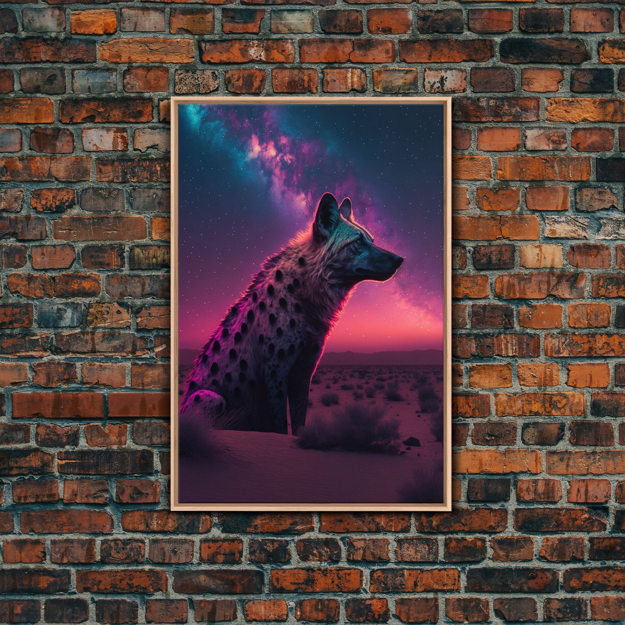 Portrait of a Neon Hyena, Laughing Hyenas, Framed Canvas Print, Unique Wall Art, Kid Room Art, Synthwave Retro Style Decor - STAND OUT FLEXSARAH