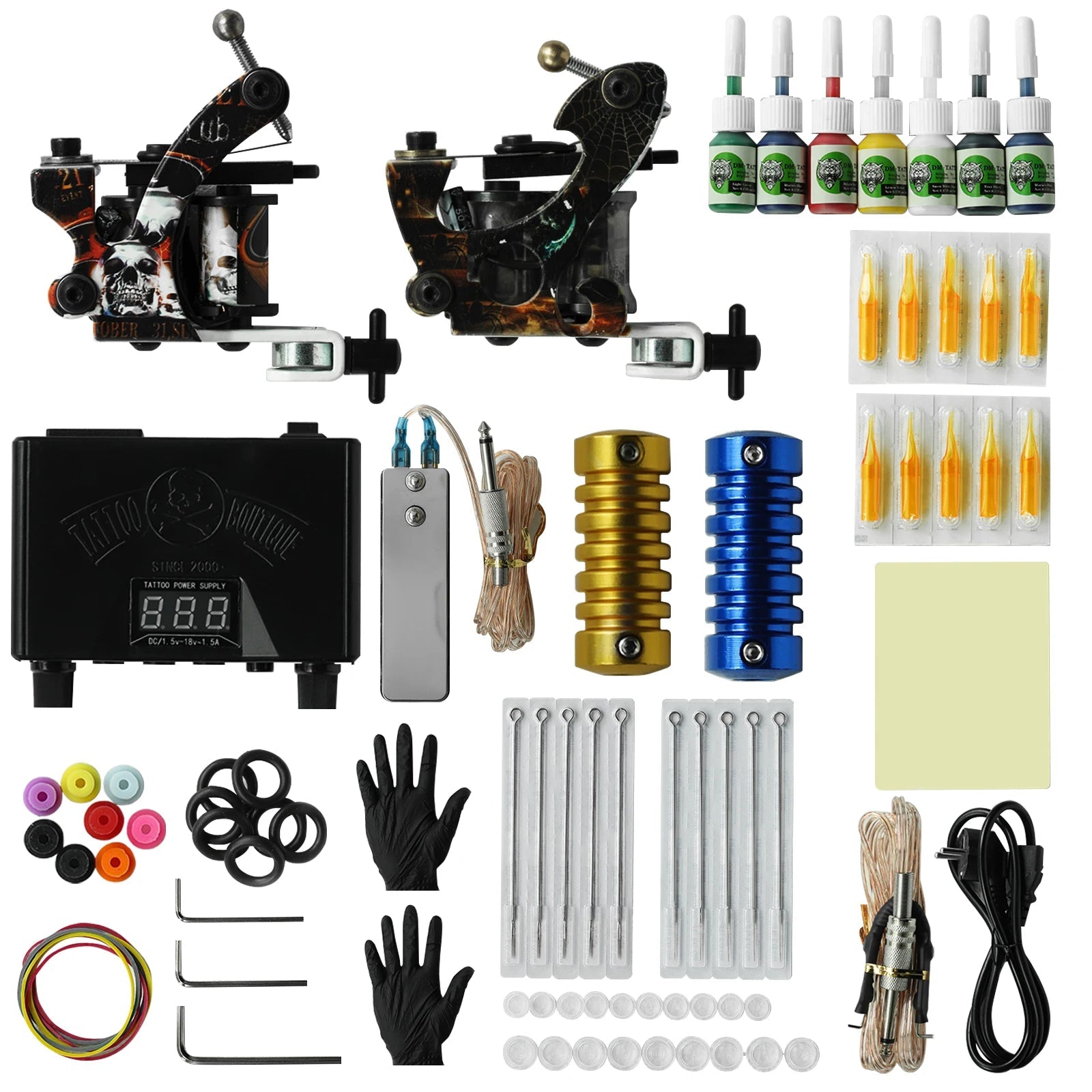 Professional Coil Tattoo Machine Kits Power Supply Tattoo Ink Gloves Grips Practice Skin Tattoo Needles Set Maquiagem Tool Set - STAND OUT FLEXSARAH
