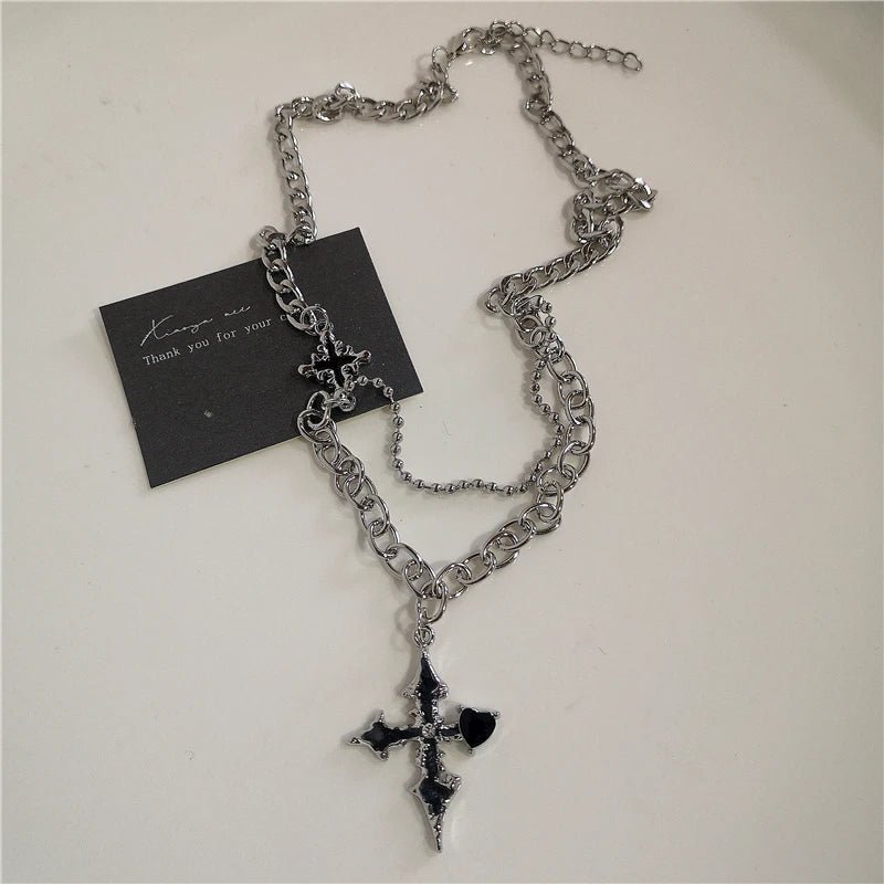 Punk Rock Black Heart Cross Pendant Chain Necklace For Men Women Cool Hip Hop Street Vintage 90s Y2K Grunge Goth Accessories - STAND OUT FLEXSARAH