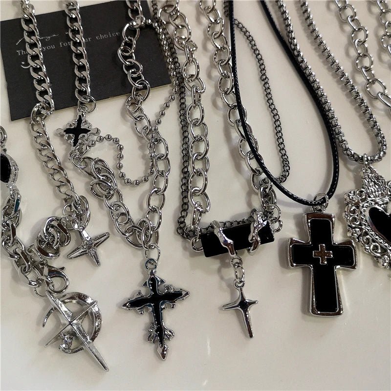 Punk Rock Black Heart Cross Pendant Chain Necklace For Men Women Cool Hip Hop Street Vintage 90s Y2K Grunge Goth Accessories - STAND OUT FLEXSARAH