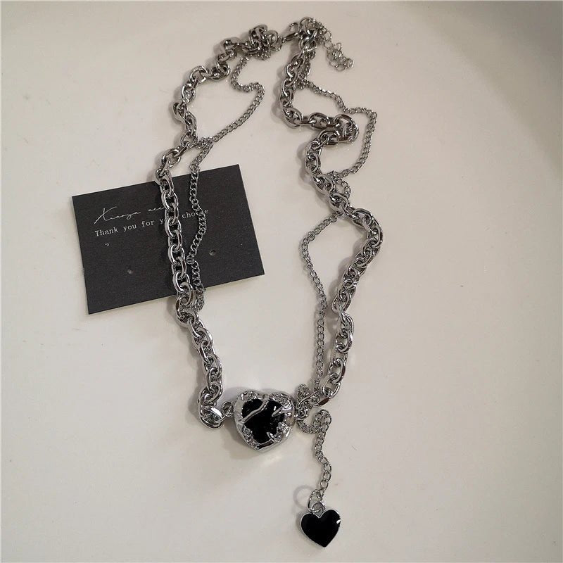 Punk Rock Black Heart Cross Pendant Chain Necklace For Men Women Cool Hip Hop Street Vintage 90s Y2K Grunge Goth Accessories - STAND OUT FLEXSARAH