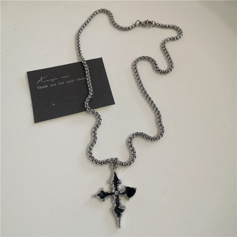 Punk Rock Black Heart Cross Pendant Chain Necklace For Men Women Cool Hip Hop Street Vintage 90s Y2K Grunge Goth Accessories - STAND OUT FLEXSARAH