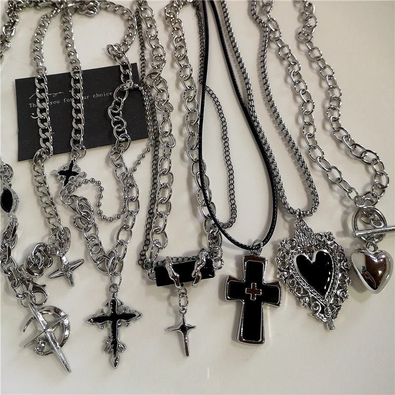 Punk Rock Black Heart Cross Pendant Chain Necklace For Men Women Cool Hip Hop Street Vintage 90s Y2K Grunge Goth Accessories - STAND OUT FLEXSARAH