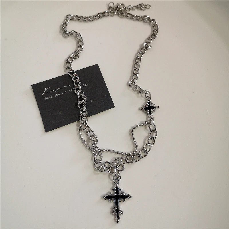 Punk Rock Black Heart Cross Pendant Chain Necklace For Men Women Cool Hip Hop Street Vintage 90s Y2K Grunge Goth Accessories - STAND OUT FLEXSARAH