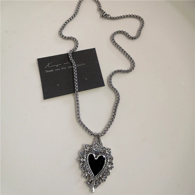 Punk Rock Black Heart Cross Pendant Chain Necklace For Men Women Cool Hip Hop Street Vintage 90s Y2K Grunge Goth Accessories - STAND OUT FLEXSARAH