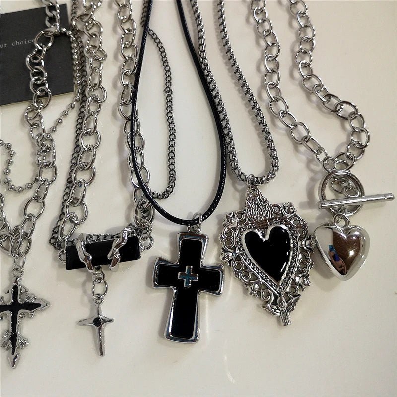 Punk Rock Black Heart Cross Pendant Chain Necklace For Men Women Cool Hip Hop Street Vintage 90s Y2K Grunge Goth Accessories - STAND OUT FLEXSARAH