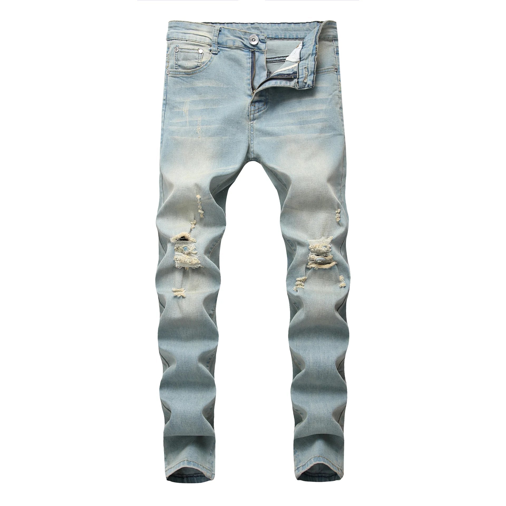 Punk Street Style Ripped Skinny Jeans Men Vintage Wash Solid Denim Trouser Mens Casual Slim Fit Pencil Denim Holes Pants 2024 - STAND OUT FLEXSARAH