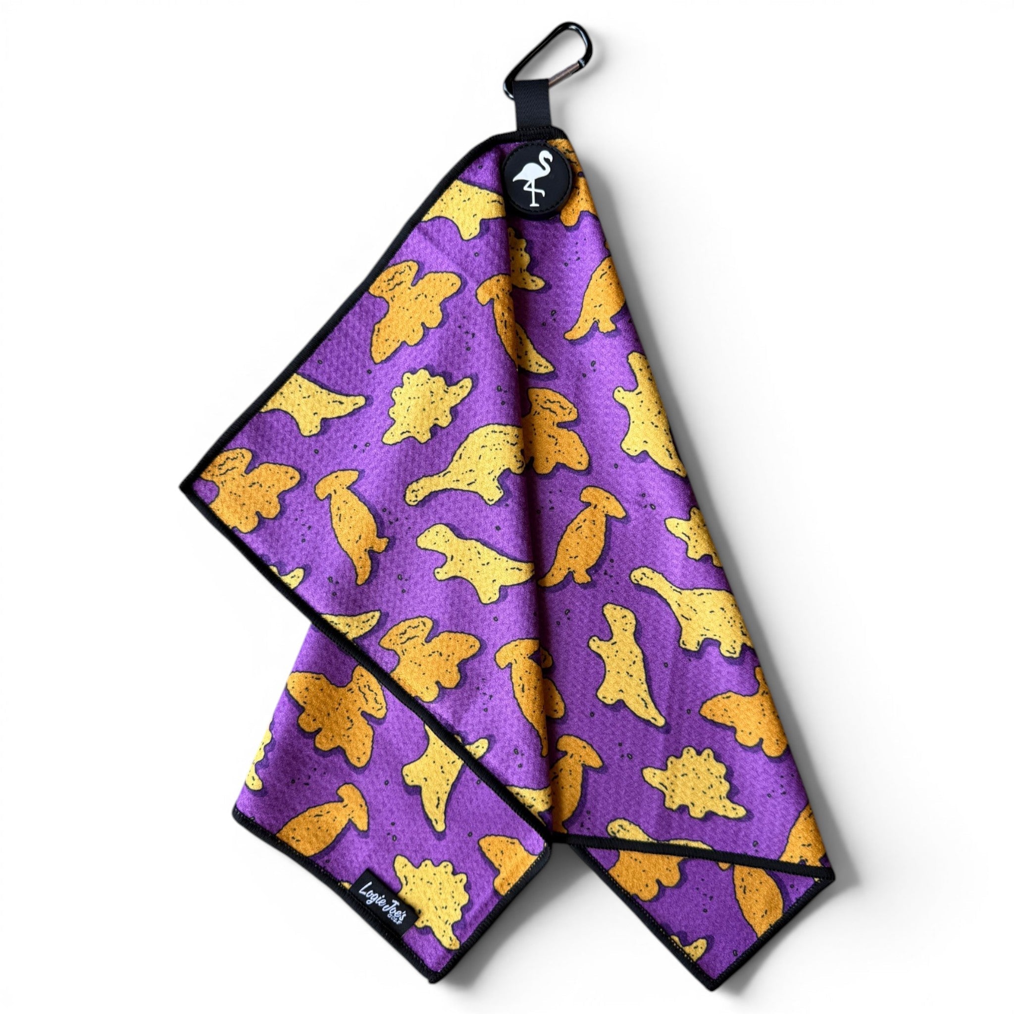 Purple Dino Chicken Nugget Golf Towel | 24” x 16” Microfiber Towel | Magnetic Clip & Carabiner | Premium Golf Accessory - STAND OUT FLEXSARAH