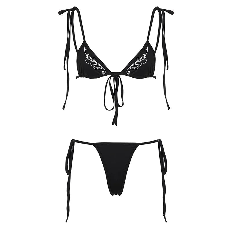 Retro black wing printed bikini set with lace up underwear and thong underwear - STAND OUT FLEXSARAH