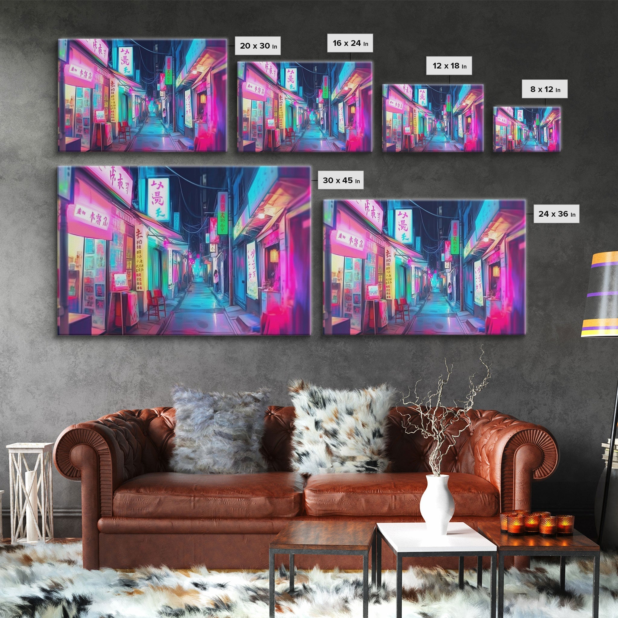 Retro Japanese market Wall art, Framed Canvas Print, Neon Style, Living room decor, Pop Art, Neon colors, Pink colors, Above bed art - STAND OUT FLEXSARAH