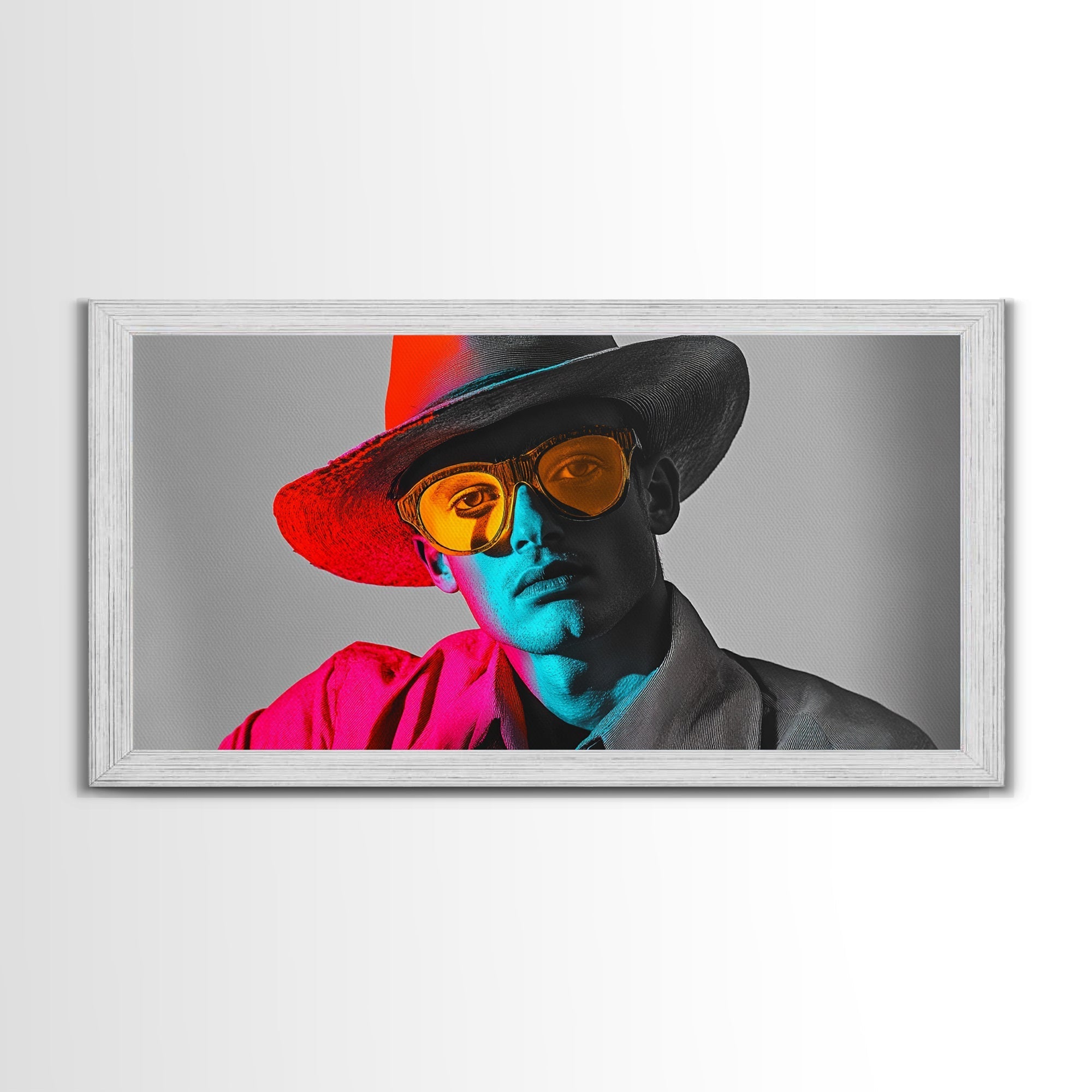 Retro Pop Portrait, Neon Style, Cowboy Glasses, Framed Canvas Print, Modern Pop Art, Color Splash Decor, Bedroom Wall Art, Urban Art - STAND OUT FLEXSARAH