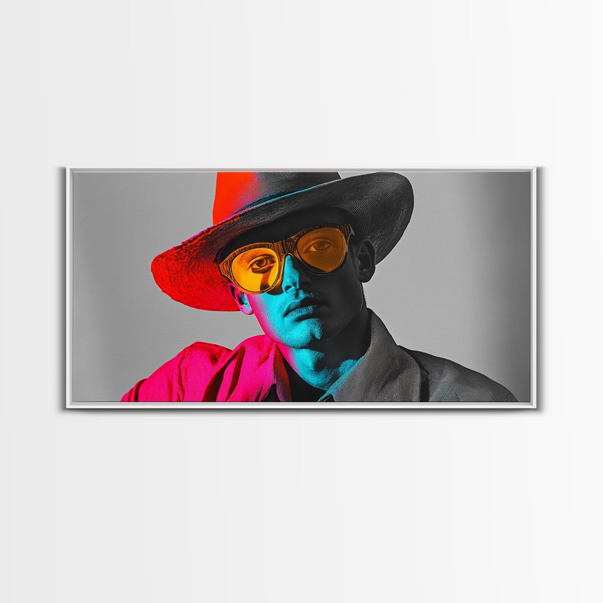 Retro Pop Portrait, Neon Style, Cowboy Glasses, Framed Canvas Print, Modern Pop Art, Color Splash Decor, Bedroom Wall Art, Urban Art - STAND OUT FLEXSARAH
