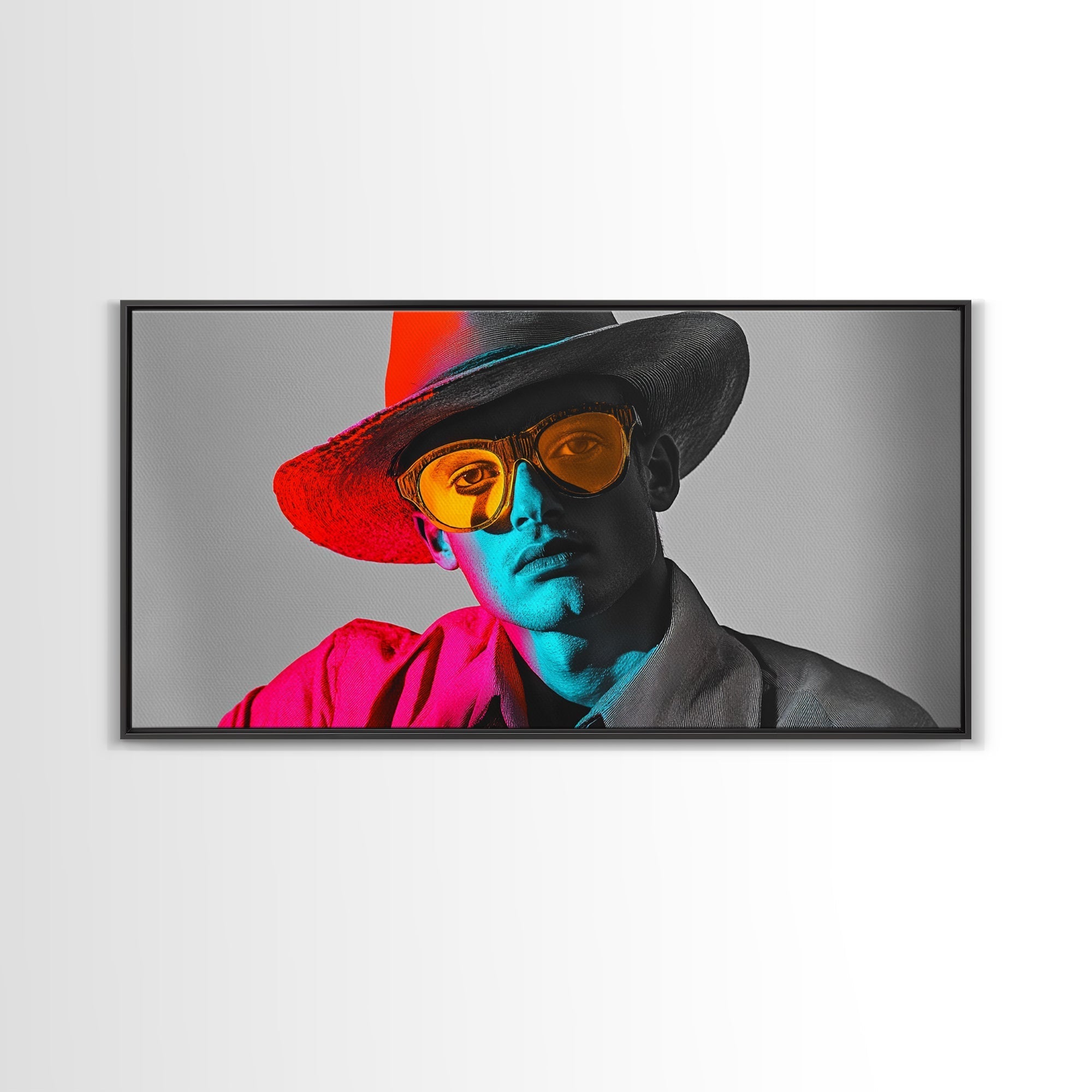 Retro Pop Portrait, Neon Style, Cowboy Glasses, Framed Canvas Print, Modern Pop Art, Color Splash Decor, Bedroom Wall Art, Urban Art - STAND OUT FLEXSARAH