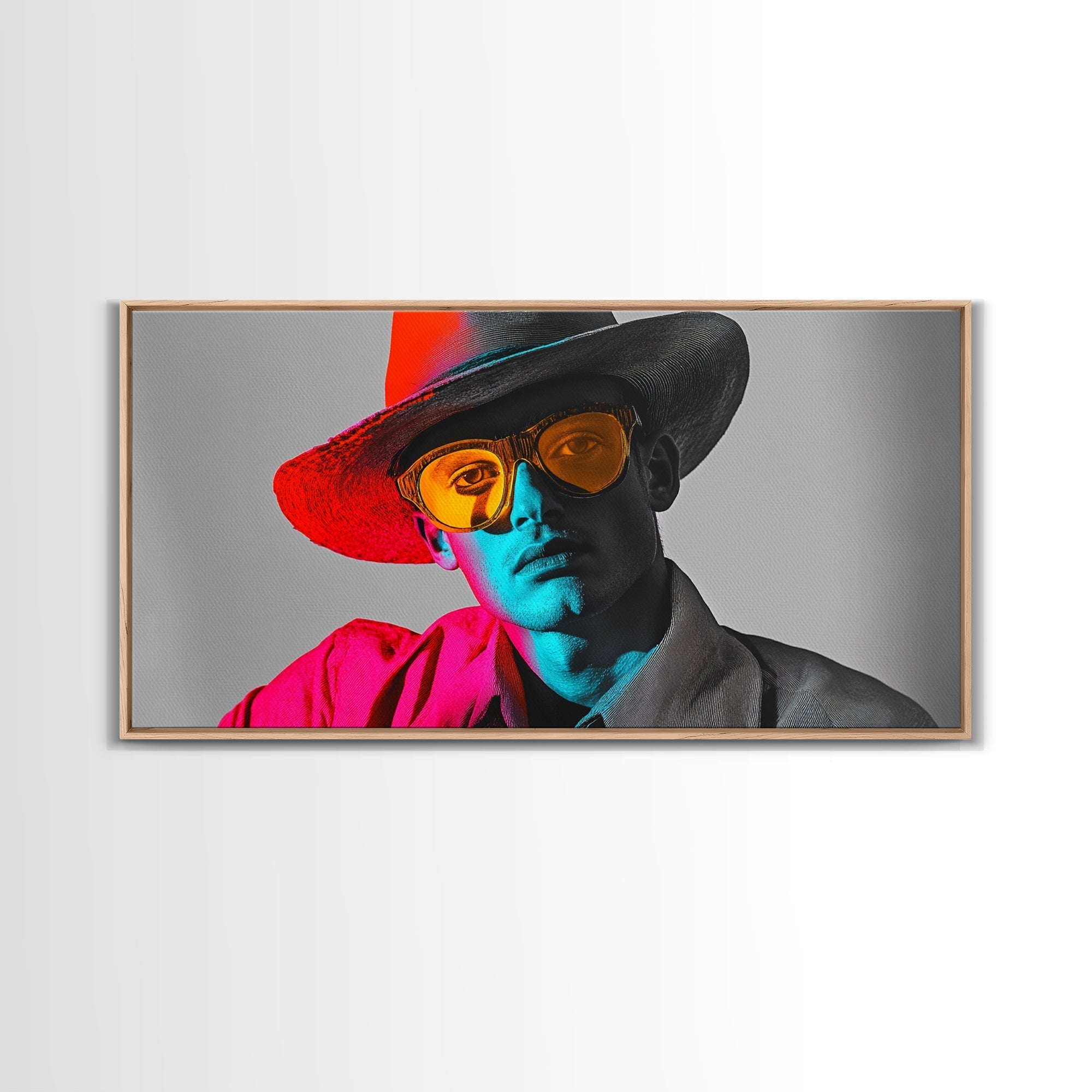Retro Pop Portrait, Neon Style, Cowboy Glasses, Framed Canvas Print, Modern Pop Art, Color Splash Decor, Bedroom Wall Art, Urban Art - STAND OUT FLEXSARAH