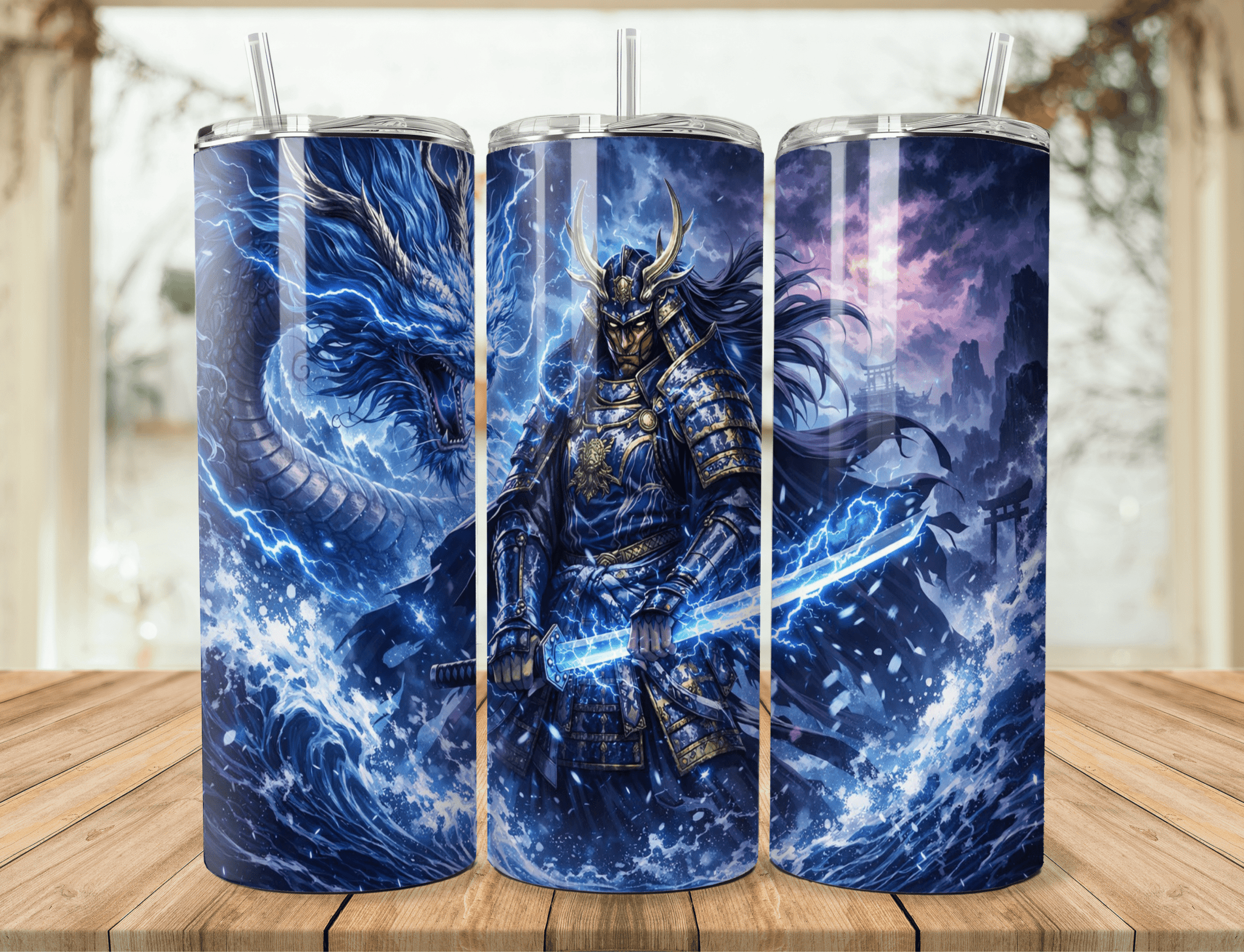 Samurai Anime 20oz Tumbler – Lightning Warrior Stainless Steel Tumbler – Fantasy Japanese Art Travel Mug - STAND OUT FLEXSARAH