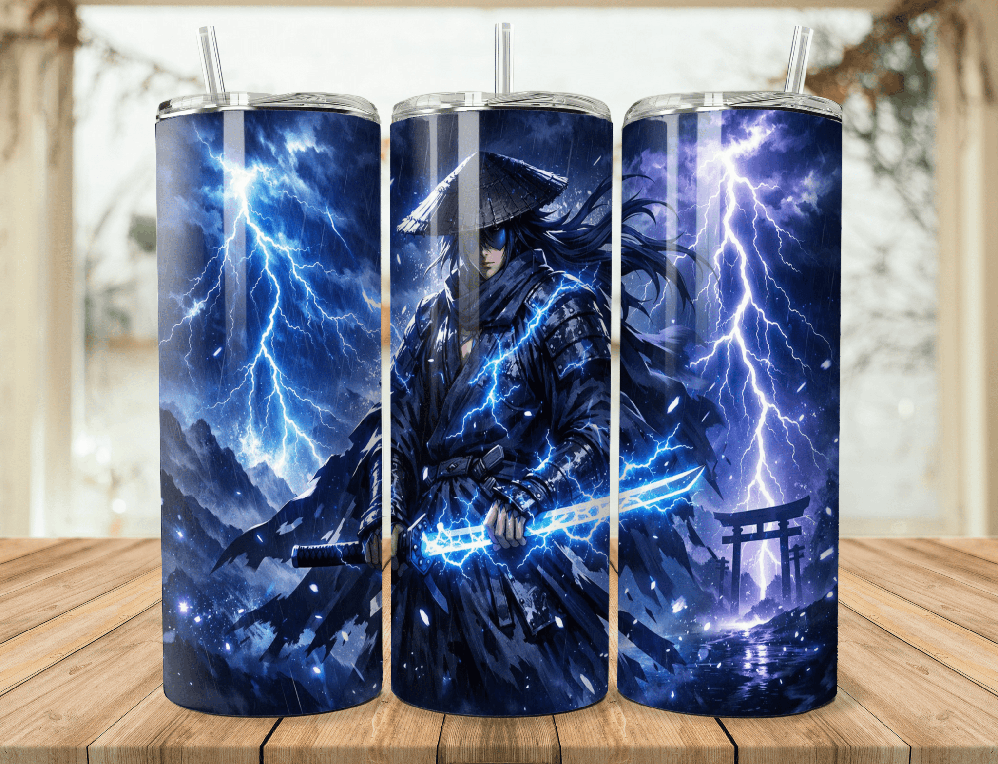 Samurai Anime 20oz Tumbler – Lightning Warrior Stainless Steel Tumbler – Fantasy Japanese Art Travel Mug - STAND OUT FLEXSARAH