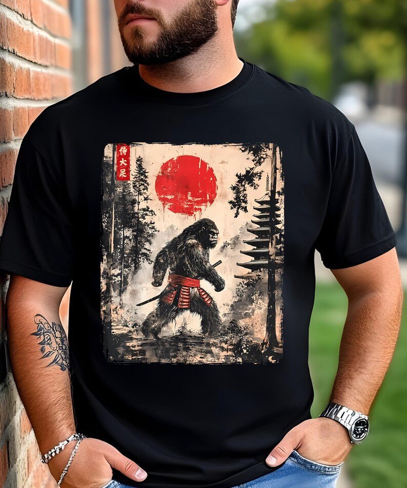 Samurai Bigfoot T-Shirt – Funny Japanese Ukiyo-e Graphic Tee, Vintage-Style Short Sleeve Shirt for Men & Women - STAND OUT FLEXSARAH