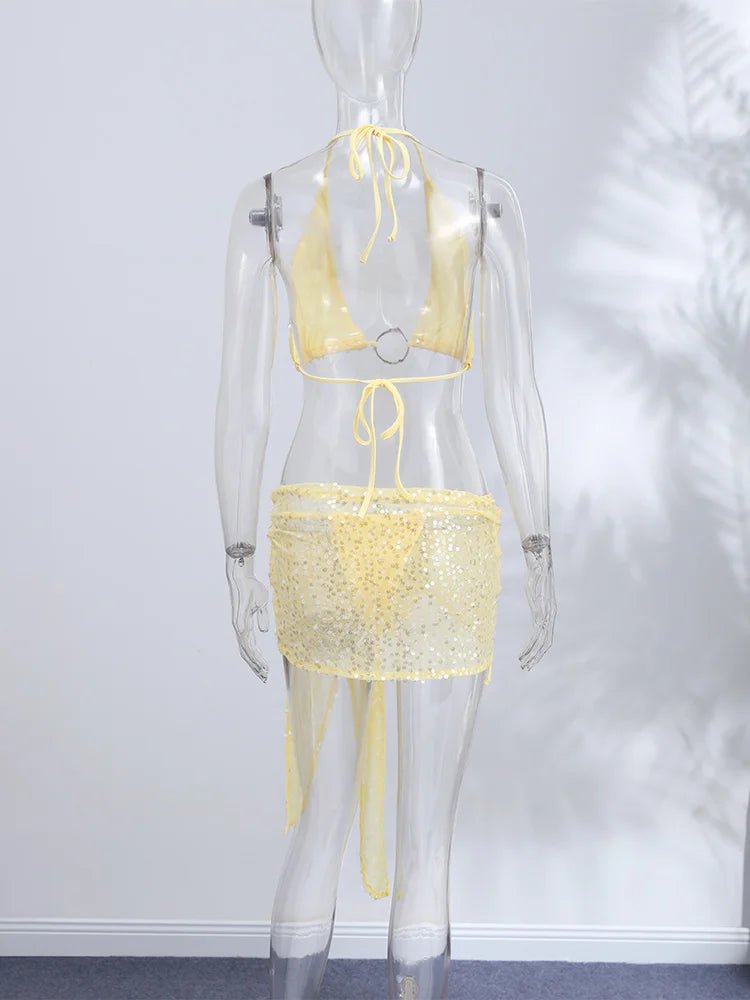 Sexy Sequin Three Pieces Bikini Sets Women's Slim Mental Button Halter Tops Mini Skirts 2026 New Ladies Vacation Beach Outfit - STAND OUT FLEXSARAH