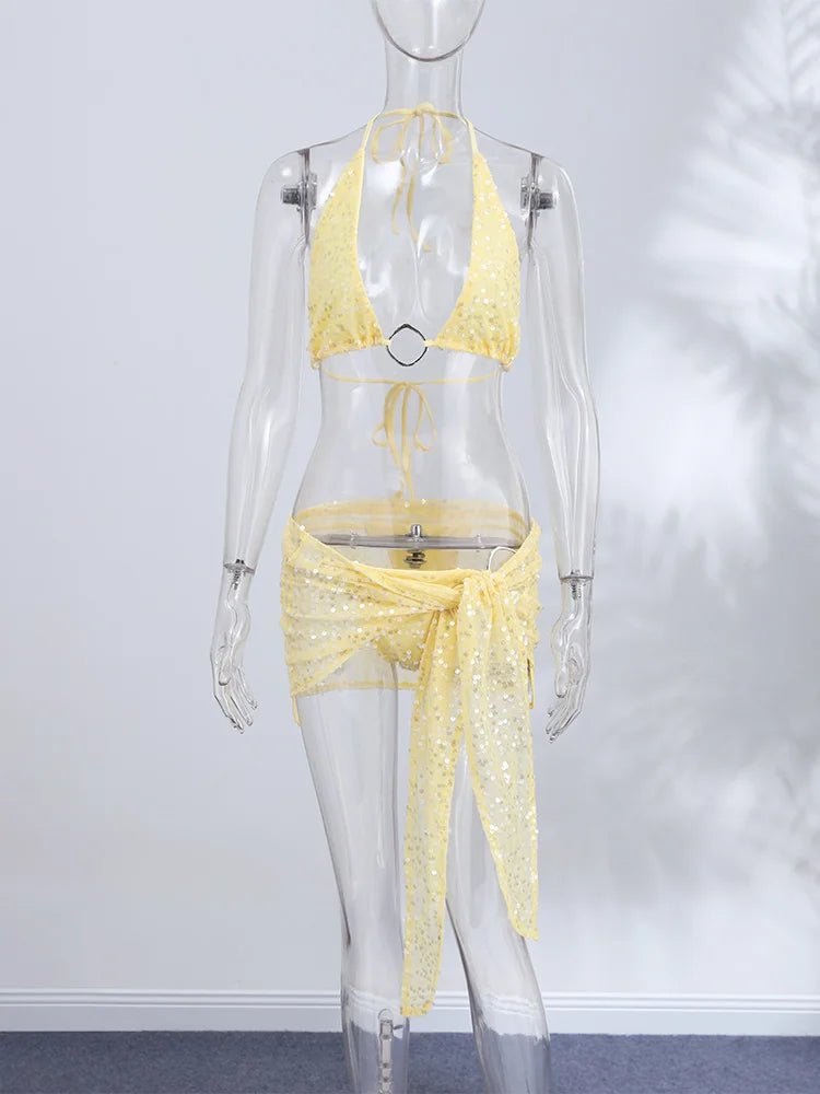 Sexy Sequin Three Pieces Bikini Sets Women's Slim Mental Button Halter Tops Mini Skirts 2026 New Ladies Vacation Beach Outfit - STAND OUT FLEXSARAH