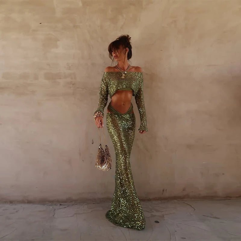 Sexy Sequined Bikini Pants Set Women Sleeveless Backless Halter Cropped Top Wide Leg Pant 2026 Summer Beach Holiday Party Suit - STAND OUT FLEXSARAH