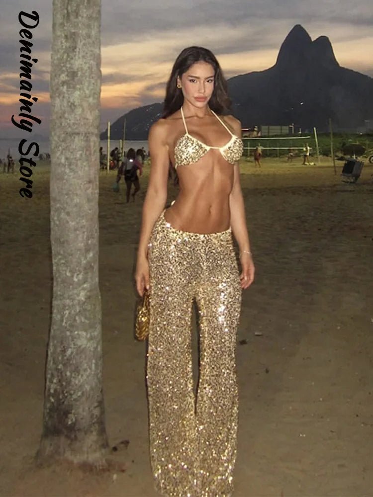 Sexy Sequined Bikini Pants Set Women Sleeveless Backless Halter Cropped Top Wide Leg Pant 2026 Summer Beach Holiday Party Suit - STAND OUT FLEXSARAH