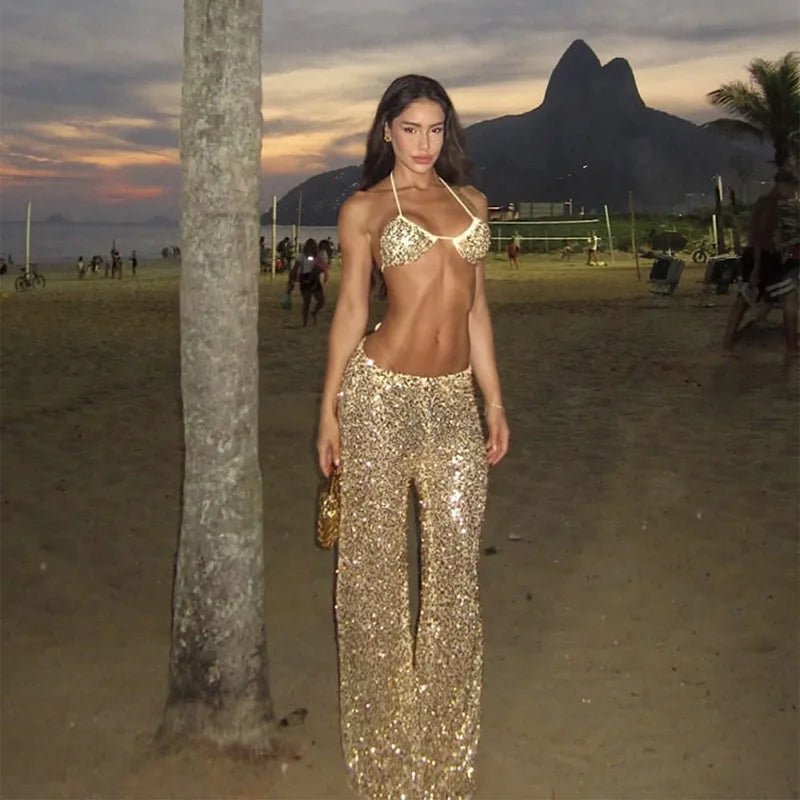 Sexy Sequined Bikini Pants Set Women Sleeveless Backless Halter Cropped Top Wide Leg Pant 2026 Summer Beach Holiday Party Suit - STAND OUT FLEXSARAH