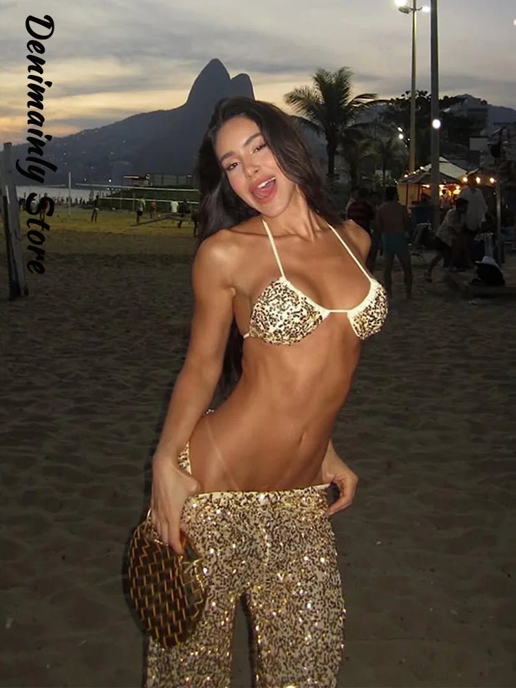 Sexy Sequined Bikini Pants Set Women Sleeveless Backless Halter Cropped Top Wide Leg Pant 2026 Summer Beach Holiday Party Suit - STAND OUT FLEXSARAH