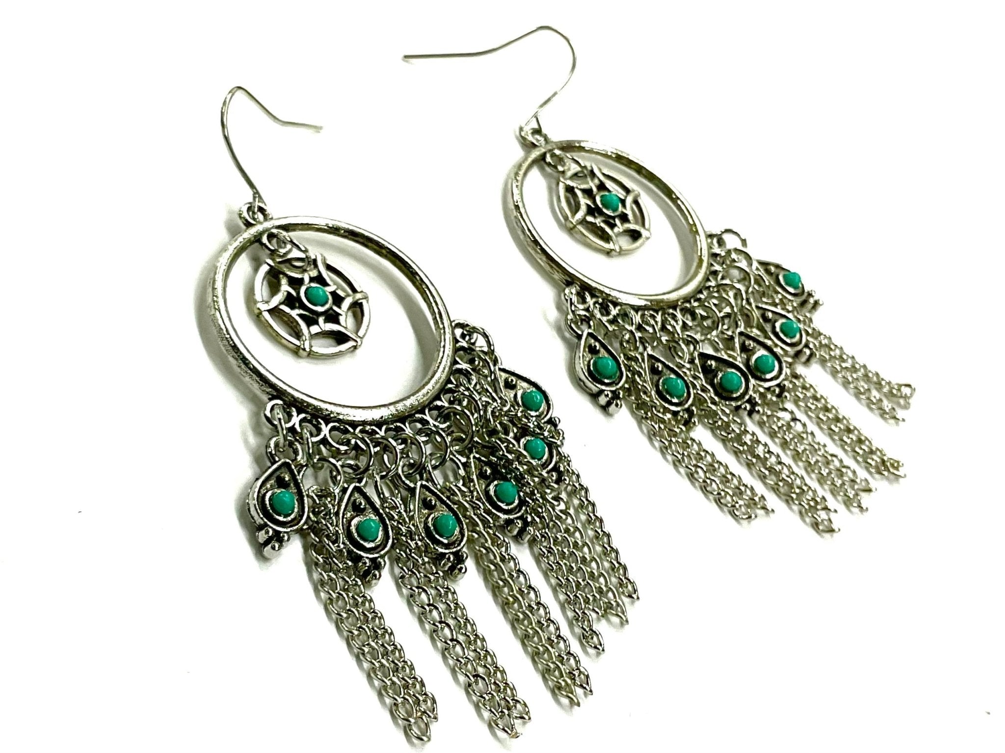 Silver 10 Tassel Dream Catcher Earrings Turquoise Bohemian Boho Tassel Dangle Hippie Hand Assembled Drop Jewelry - STAND OUT FLEXSARAH