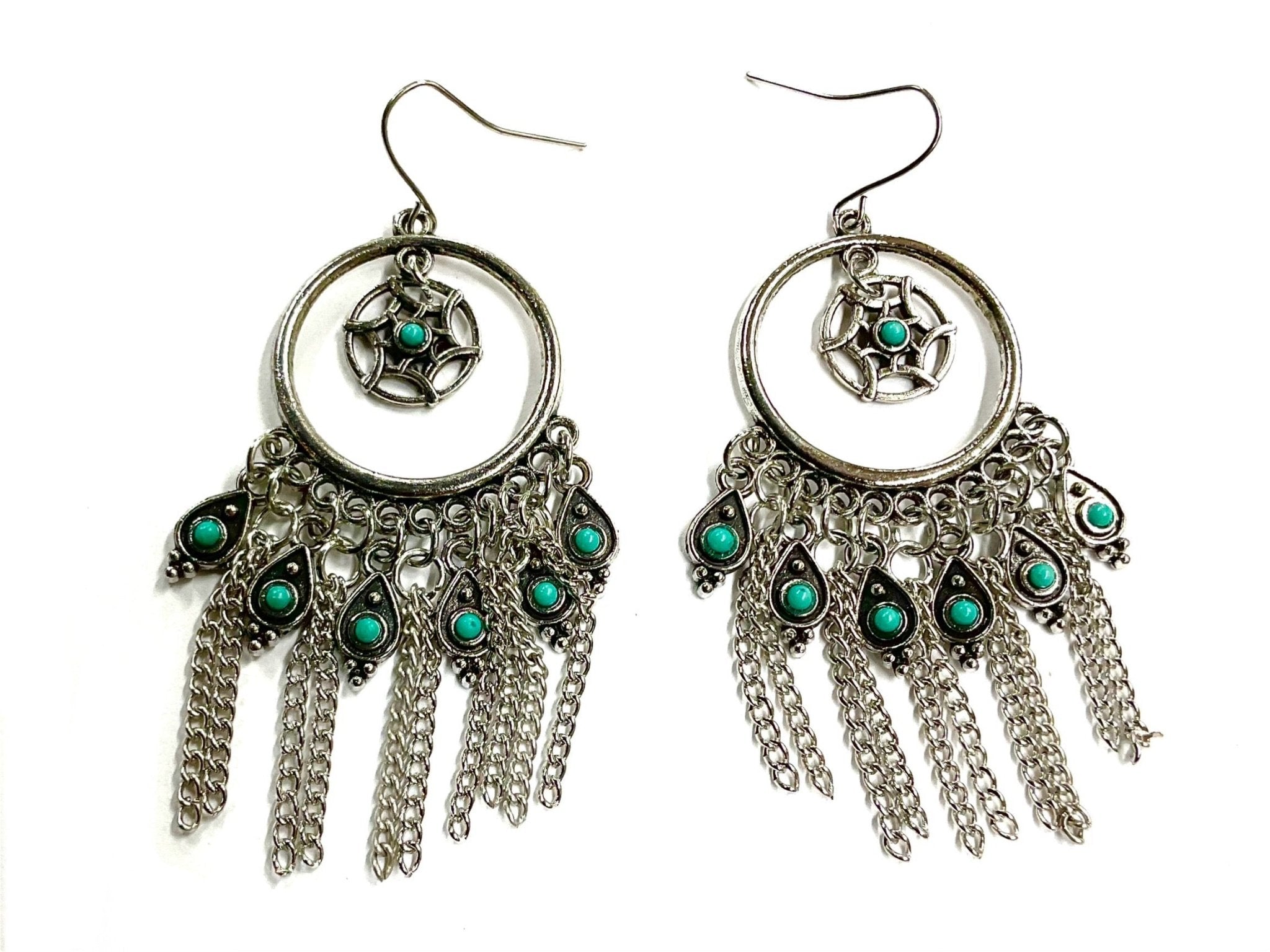 Silver 10 Tassel Dream Catcher Earrings Turquoise Bohemian Boho Tassel Dangle Hippie Hand Assembled Drop Jewelry - STAND OUT FLEXSARAH