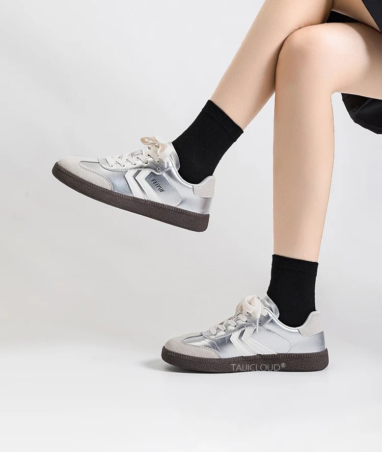 Silver Women's Retro German Training Shoes, Ballet-Inspired Soft Sole Versatile Casual Flat Skate Sneakers for Sports & Daily We - STAND OUT FLEXSARAH